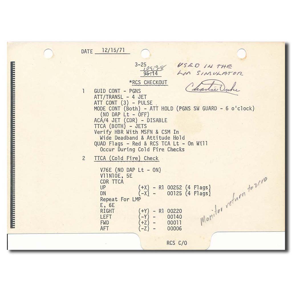 Apollo 16 LM Simulator checklist "RCS checkout" – Duke