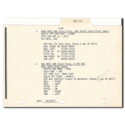 Apollo 16 LM Simulator checklist "RCS checkout" – Duke