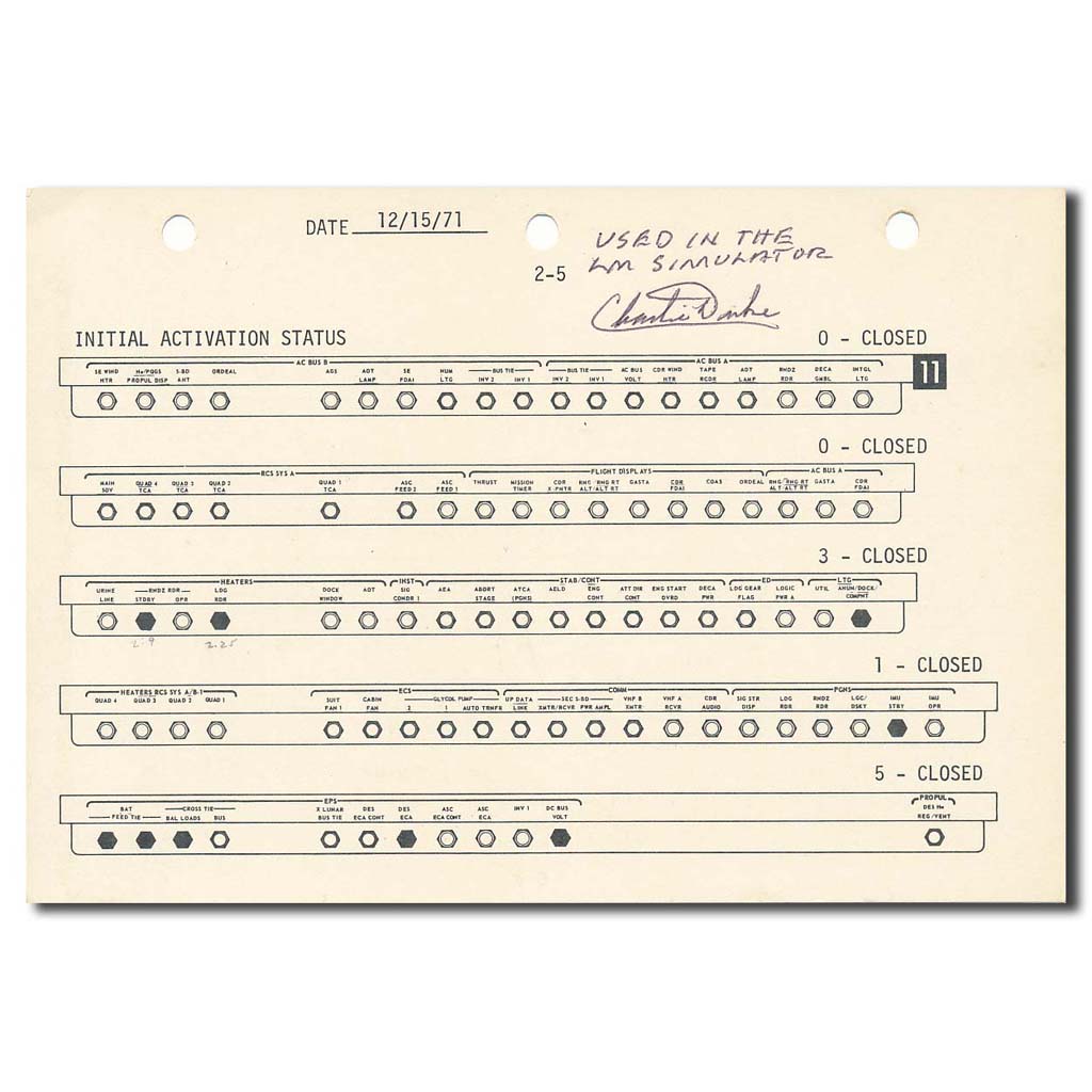 Apollo 16 LM Simulator used checklist "Initial activation status" – Charlie Duke