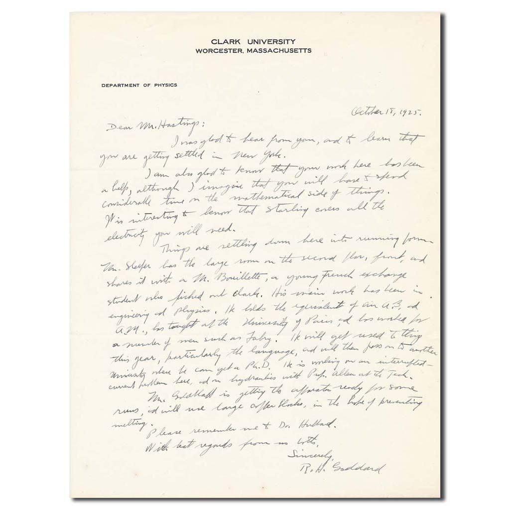 Robert H. Goddard – autograph letter on experiments at Clark University