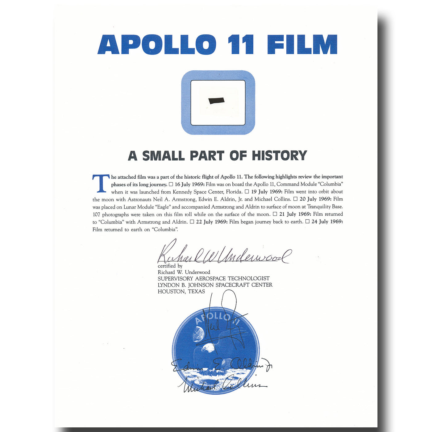 Apollo 11 lunar surface flown film – Richard Underwood