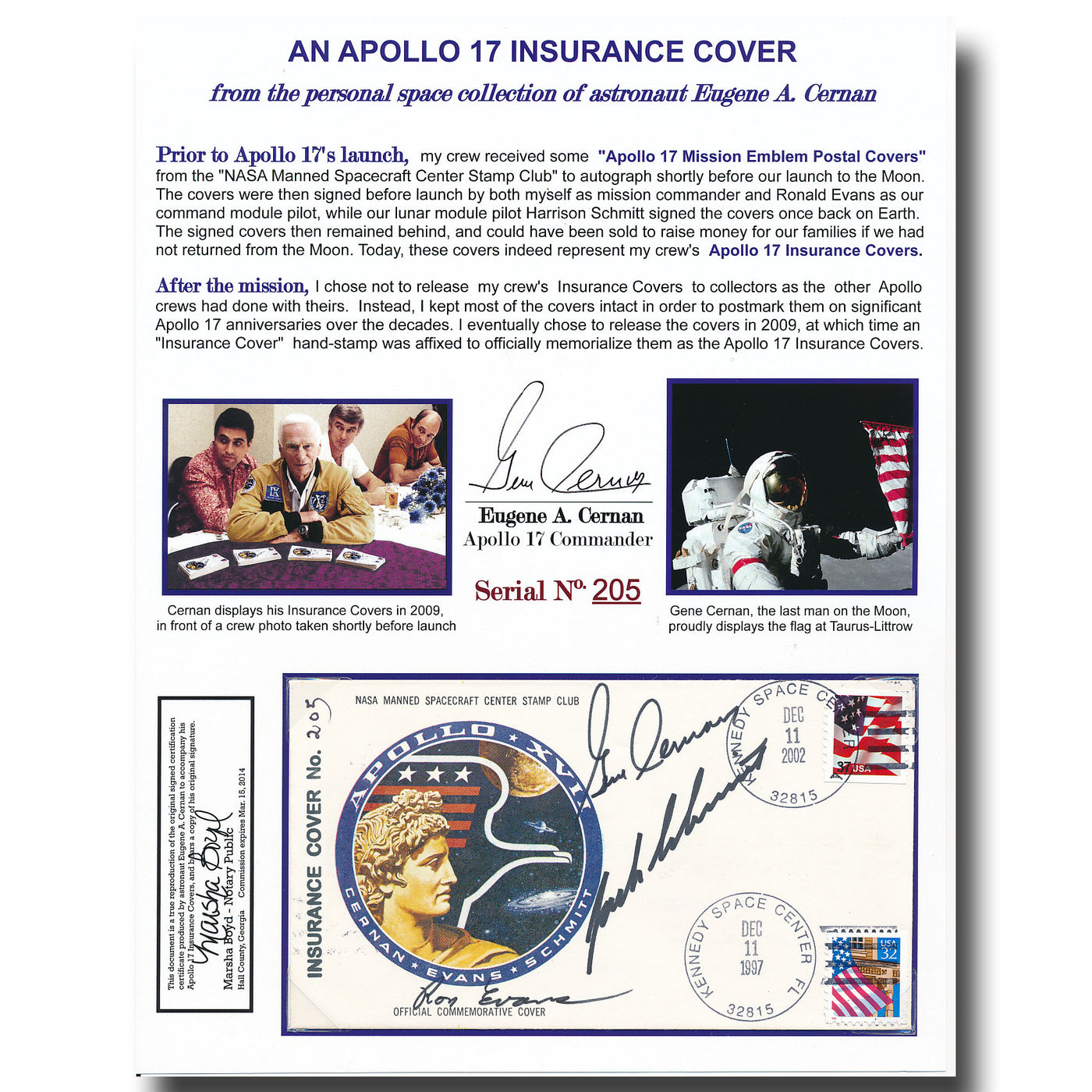 Apollo 17 insurance cover - from the collection of Gene Cernan