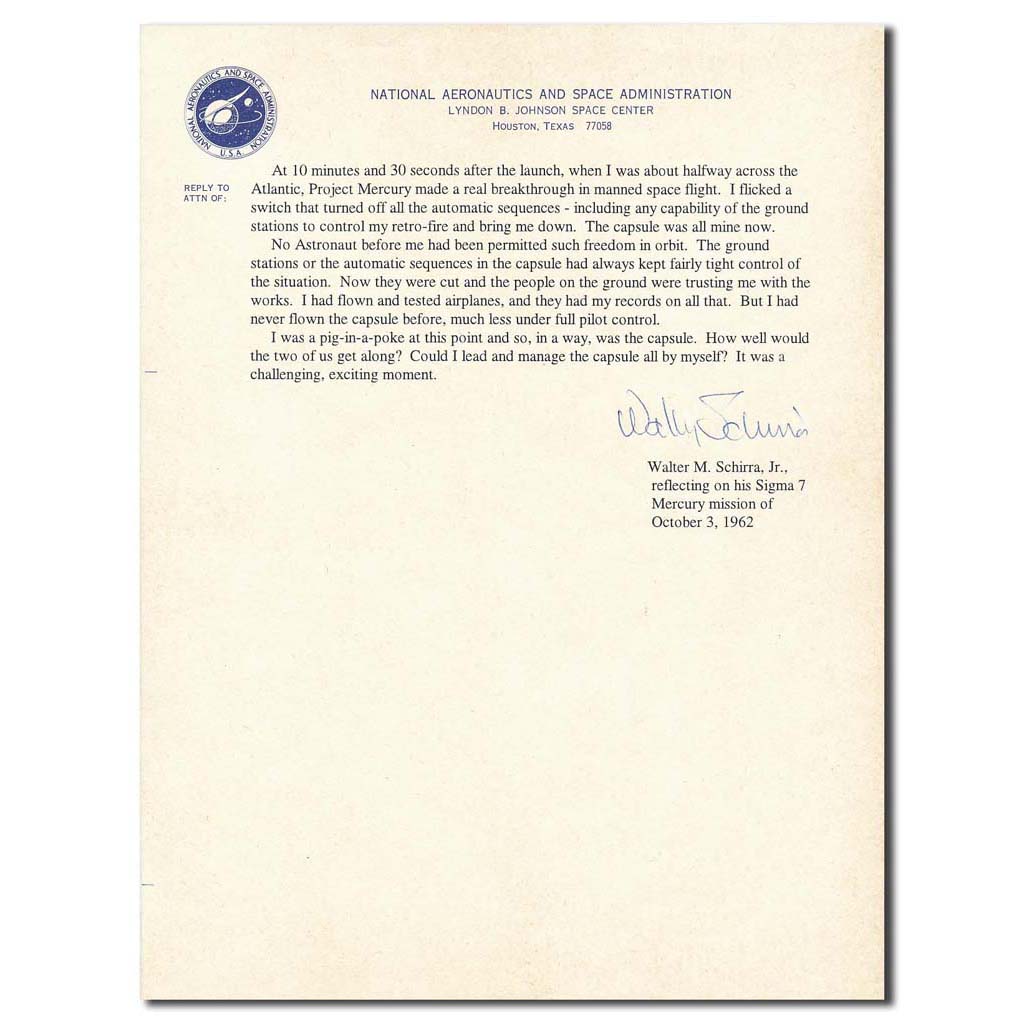 Wally Schirra – NASA letter reflections on Sigma 7